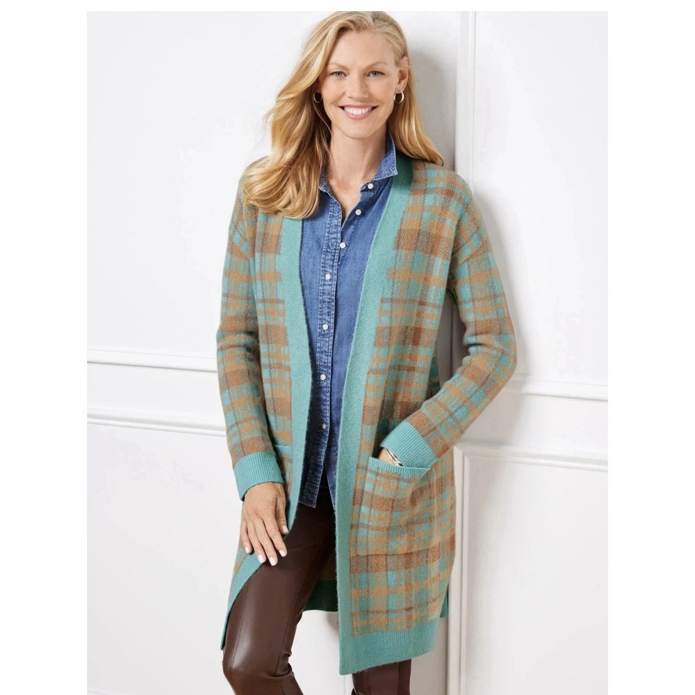 TALBOTS Blue,Brown Bird's Eye Plaid Open Front Cardigan Plus Size 1X Long Line